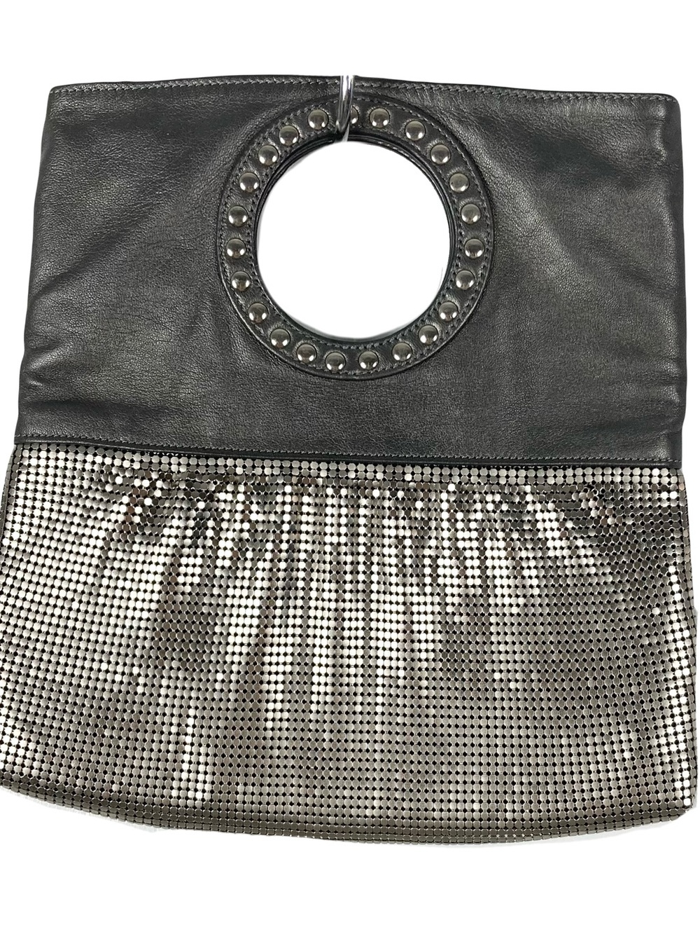 WHITING & DAVIS Clutch Bag Silver-Chain-Mail Studded Grey-Leather Vintage Y2K